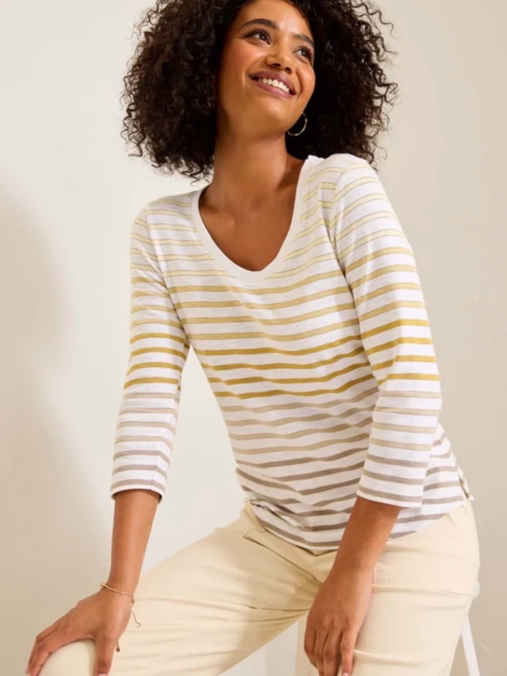 Tommy Bahama White and Gold Striped Scoop Neck Long Sleeve Top